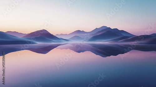 Obraz na płótnie Serene sunrise over misty mountains reflected in calm lake. w salonie