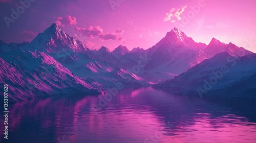 Pink sunset over snow-capped mountains reflected in calm lake.
