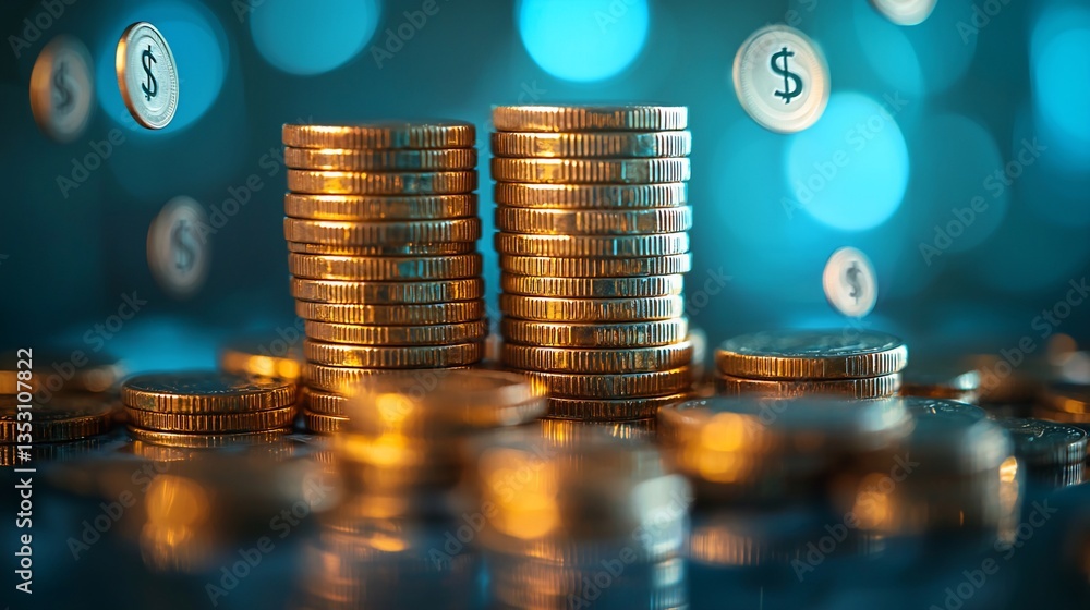 Two stacks of gold coins with falling dollar signs on a dark blue bokeh background.