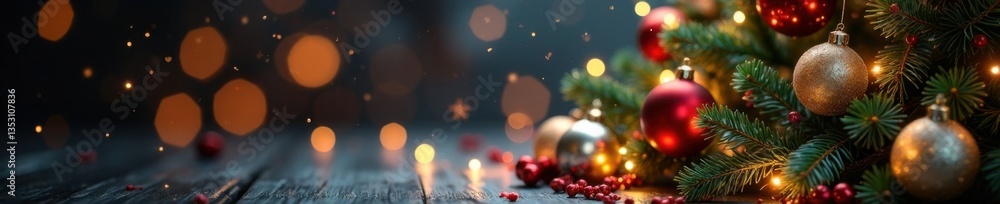 Sparkling Christmas tree surrounded by shiny balls and glittering lights, decorative, twinkling Sparkling Christmas tree surrounded by shiny balls and glittering lights, decorative, twinkling