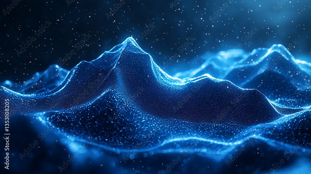 Abstract blue glowing particle landscape.