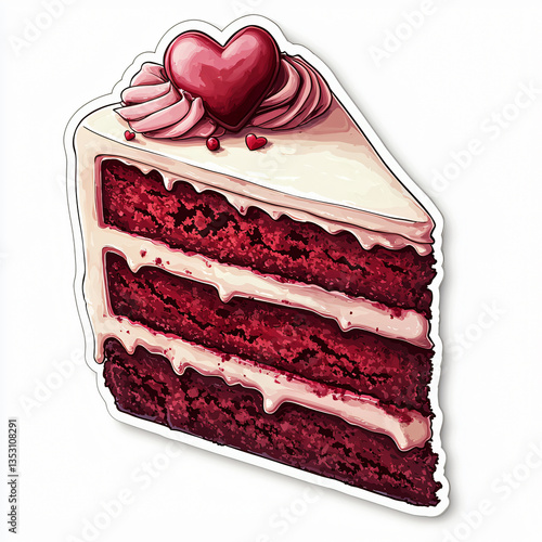 Red velvet cake slice sticker illustration dessert food heart topping whipped cream layers sweet pastry close-up drawing cartoon snack red white romantic bakery texture frosting decoration rich flavor