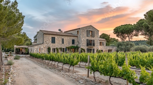 Rustic Spanish Vineyard Farmhouse at Sunset.