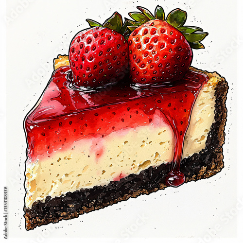 Strawberry cheesecake slice sticker illustration dessert food fruit topping red glaze whipped cream crust sweet filling close-up drawing cartoon pastry snack juicy layer bakery texture delicious
