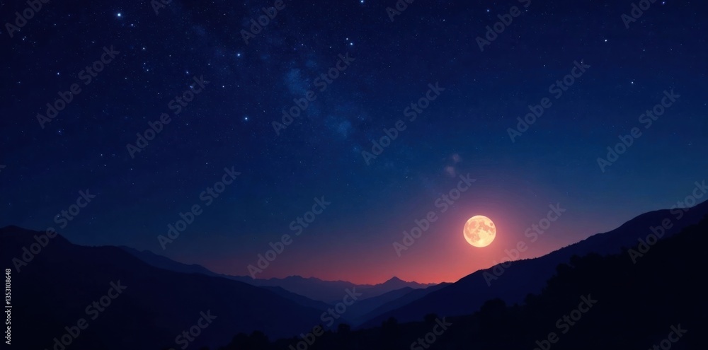 Starry night sky with bright stars and a full moon, galaxy, celestial Starry night sky with bright stars and a full moon, galaxy, celestial