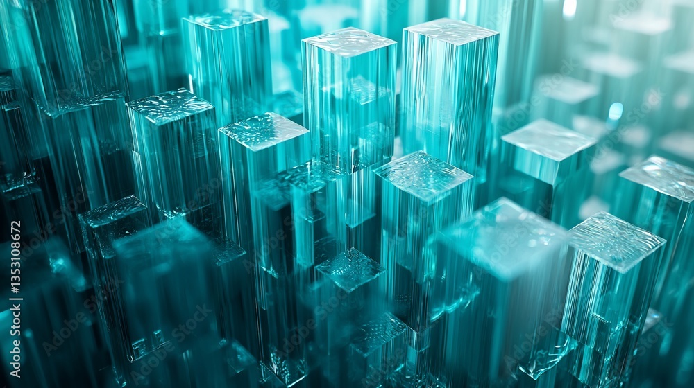 Abstract teal glass cube city landscape.