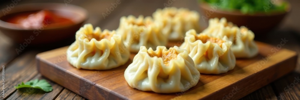 Steamed dumplings arranged on a wooden cutting board, kitchen utensils, meat dumplings Steamed dumplings arranged on a wooden cutting board, kitchen utensils, meat dumplings
