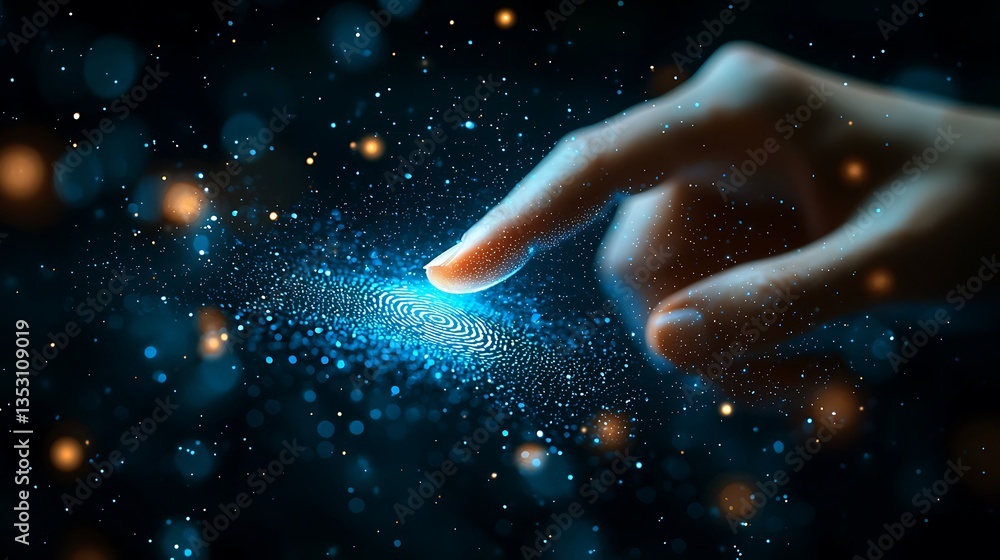 Fingertip touching glowing digital fingerprint.