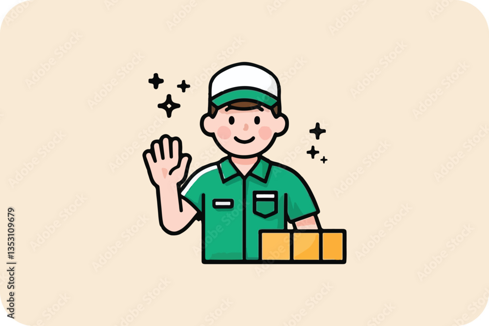 A Friendly Delivery Worker in Green Uniform Waves with Packages, in a Flat Vector Illustration Style A Friendly Delivery Worker in Green Uniform Waves with Packages, in a Flat Vector Illustration Style