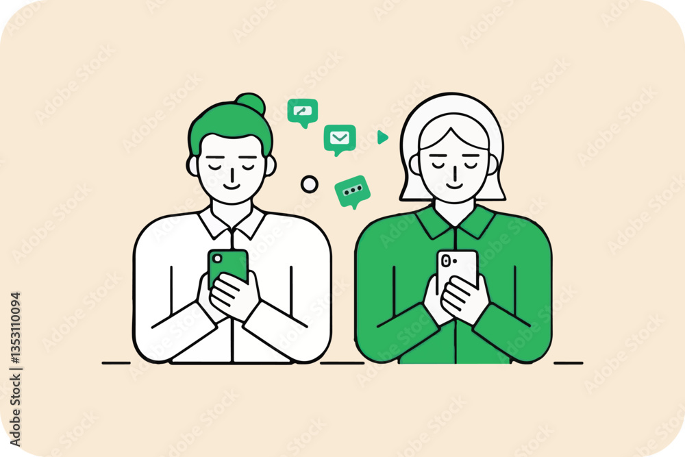 Two People Using Smartphones with Chat Bubbles, in a Flat Vector Illustration Style Against a Cream Background Two People Using Smartphones with Chat Bubbles, in a Flat Vector Illustration Style Against a Cream Background