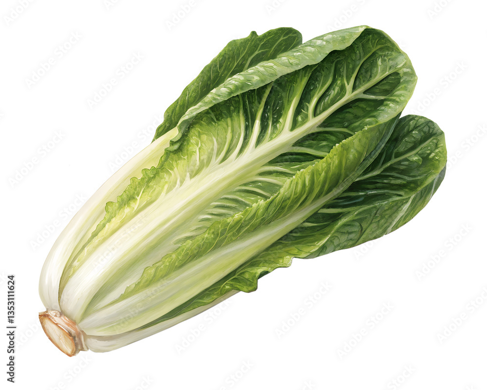 A single romaine lettuce head with fresh green leaves and a white transparent background A single romaine lettuce head with fresh green leaves and a white transparent background