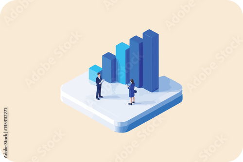 Isometric Data Analysis: Two Professionals Examining a Growing Bar Graph on a Minimalist Platform