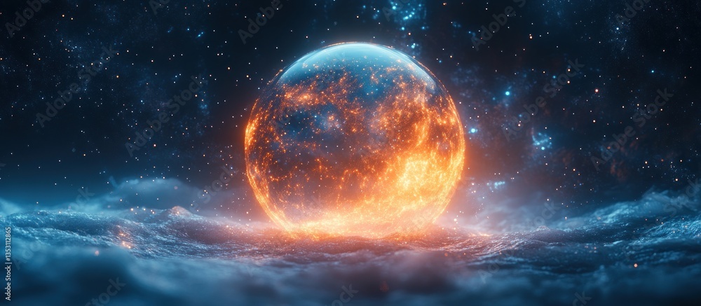 Obraz premium Fiery Planet Above Cloudy Space