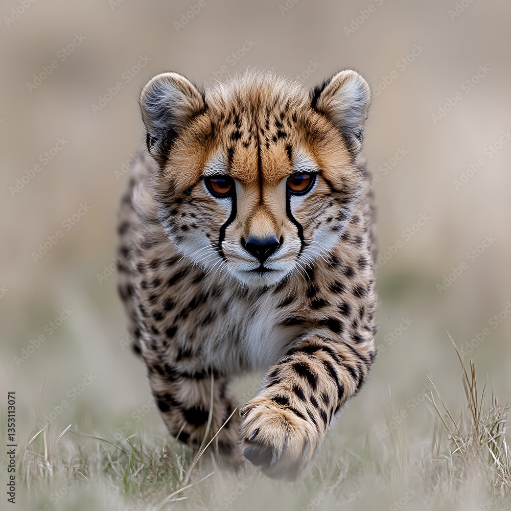 Cheetah running in savanna, focused predator Cheetah running in savanna, focused predator