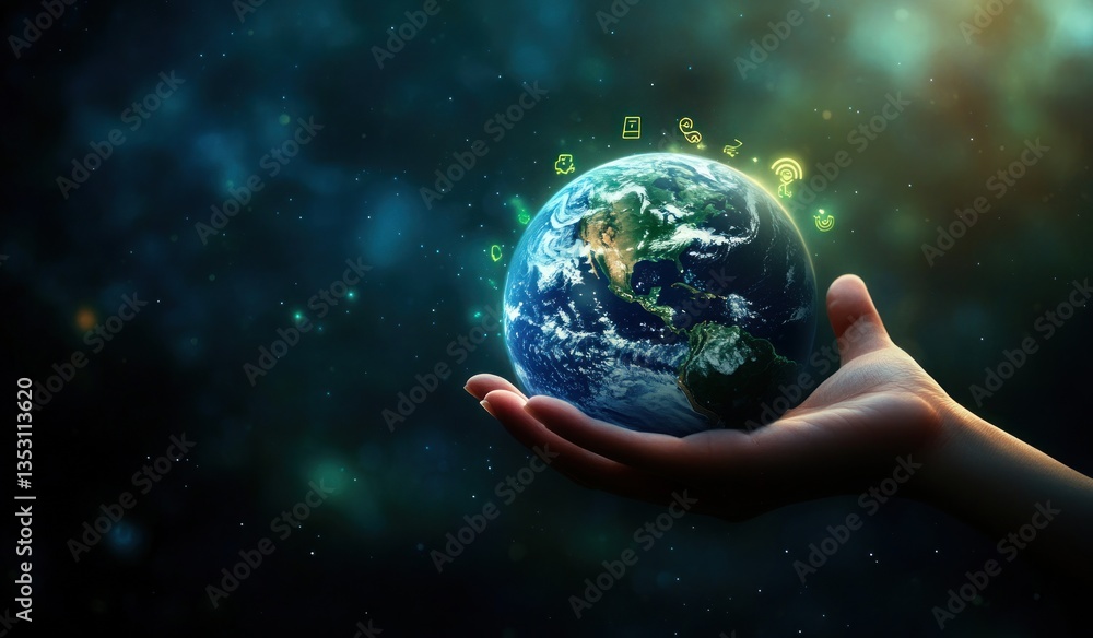 A hand gently holding planet Earth surrounded by space A hand gently holding planet Earth surrounded by space