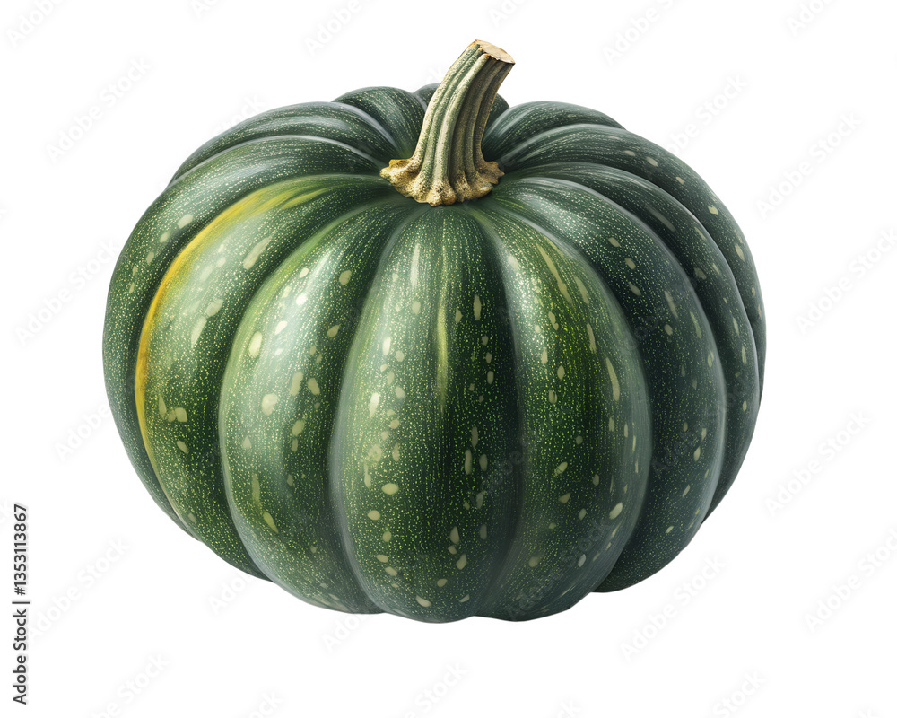 A single green kabocha squash with a stem, showcased setting transparent background A single green kabocha squash with a stem, showcased setting transparent background