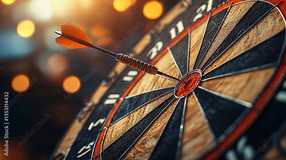 Close-up of dart hitting bullseye on dartboard.