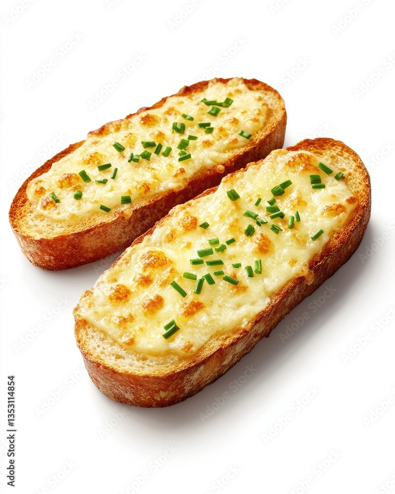 Toasted bread slices topped with melted cheese and chives Toasted bread slices topped with melted cheese and chives