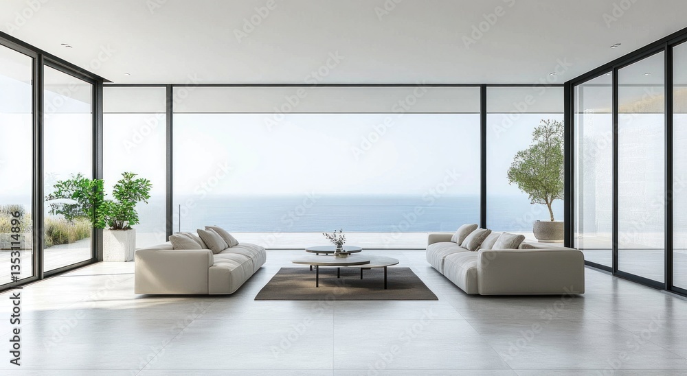 Fototapeta premium Modern living room interior with expansive windows and serene ocean view