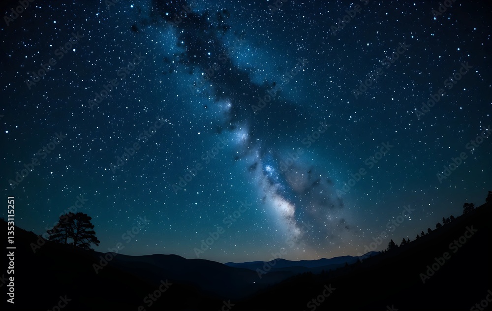 Fototapeta premium Breathtaking View of the Milky Way Galaxy Stretching Across the Night Sky Over a Mountain Landscape with Silhouetted Trees