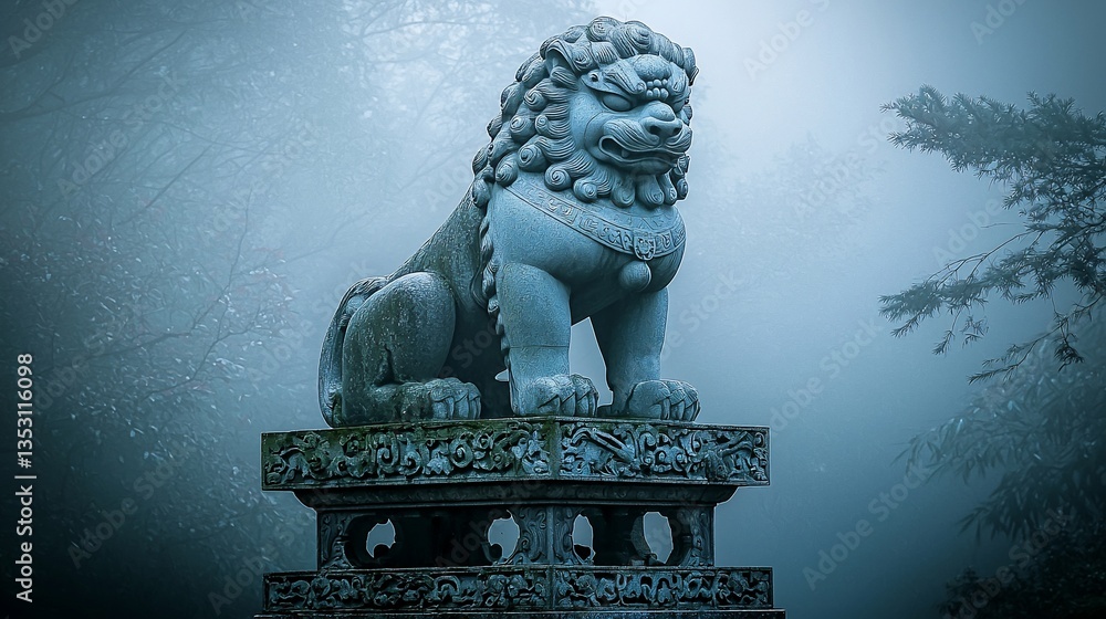 Stone lion statue in foggy forest.