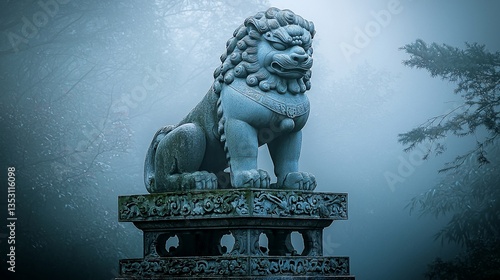 Obraz na płótnie Stone lion statue in foggy forest. w salonie