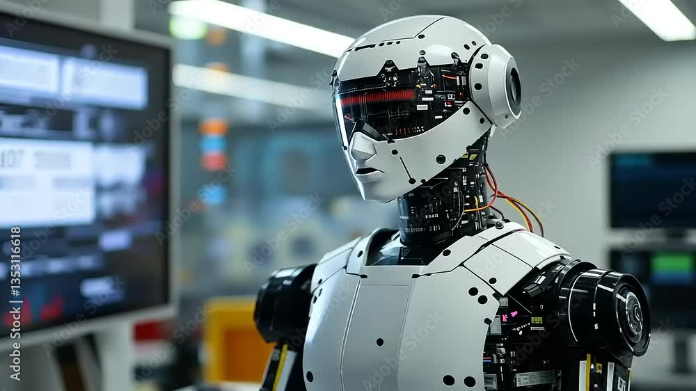 Futuristic humanoid robot with advanced technology in modern workplace Futuristic humanoid robot with advanced technology in modern workplace