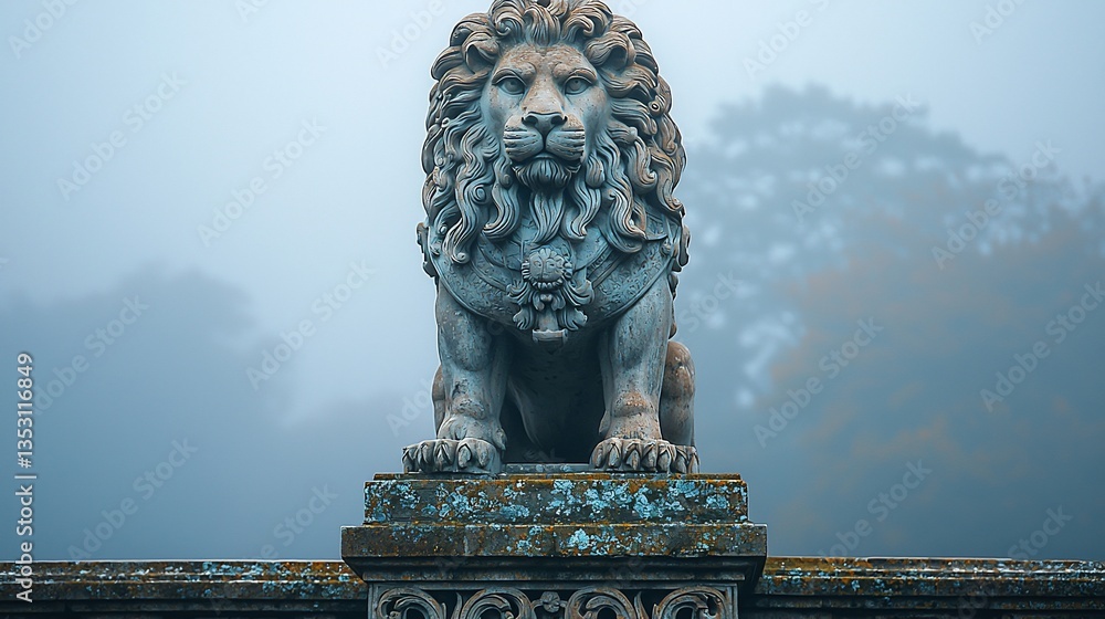 Majestic stone lion statue on a foggy day.