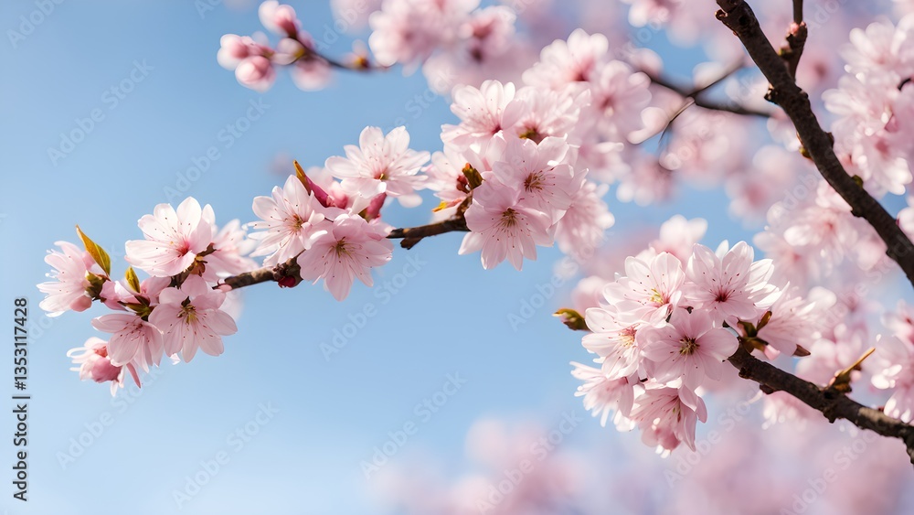 Close-up view beautiful pink cherry blossoms blooming a branch against a clear blue sky. Close-up view beautiful pink cherry blossoms blooming a branch against a clear blue sky.