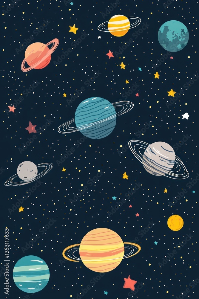 Colorful planets and stars are in the dark night sky Colorful planets and stars are in the dark night sky