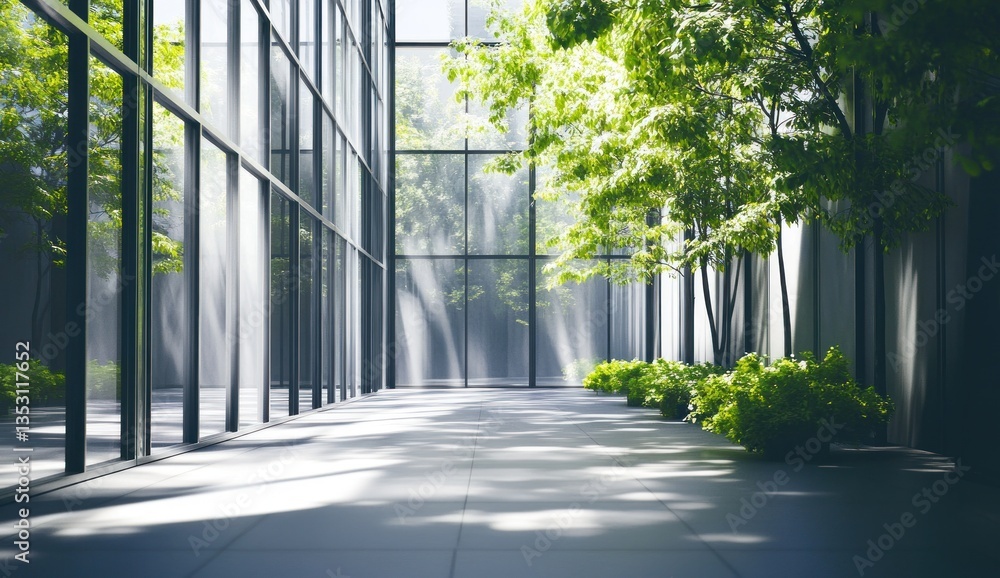 A modern building interior featuring natural greenery and natural light A modern building interior featuring natural greenery and natural light