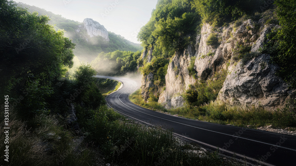Fototapeta premium Winding road adventure serene mountain landscape nature photography morning mist scenic viewpoint journey concept