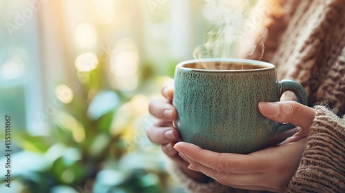 Woman's hands holding a steaming warm mug near window.