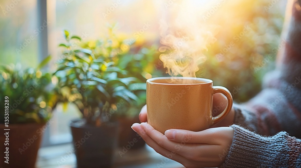 Woman's hands holding a steaming cup of tea or coffee by the window.