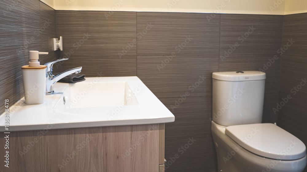 Fototapeta premium Bathroom modern interior sink tap toilet white clean detail hotel room house