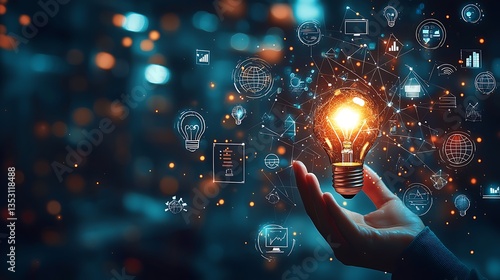 Hand holding glowing lightbulb with innovation icons.