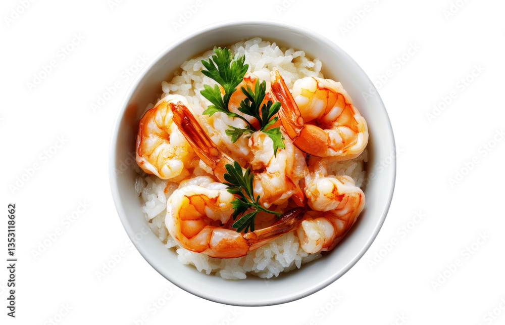 Fresh Shrimp Served on Rice with Green Garnish in White Bowl Fresh Shrimp Served on Rice with Green Garnish in White Bowl