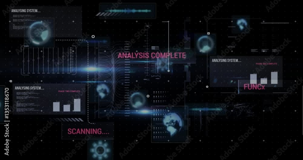 Animation of digital interface scanning global network graphics, analysis complete Animation of digital interface scanning global network graphics, analysis complete