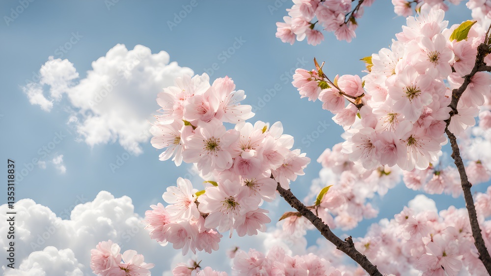 Pink cherry blossoms full bloom against a bright blue sky dotted fluffy white clouds. A beautiful springtime scene. Pink cherry blossoms full bloom against a bright blue sky dotted fluffy white clouds. A beautiful springtime scene.