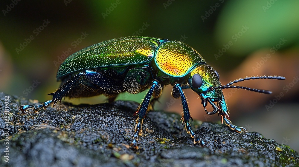 Iridescent green beetle on dark surface.