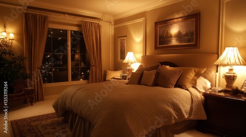 Cozy and Elegant Bedroom with Soft Lighting and Warm Decor