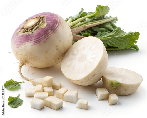 A still life photograph showcasing turnip with its leaves, diced pieces, and halved sections in clear view 