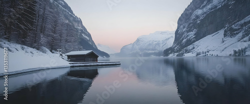 Winter lake cabin, snowy mountains, calm water, sunrise