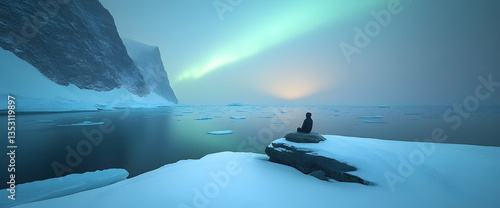 Antarctic solitude Person contemplates aurora borealis over icy ocean