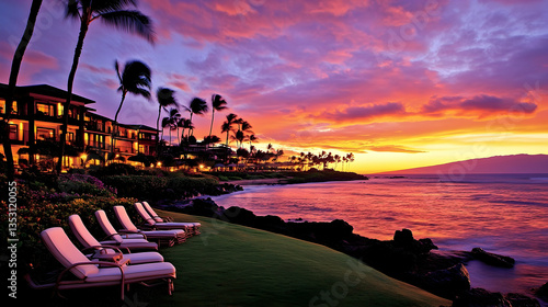 Oceanfront resort sunset, Maui, Hawaii, luxury relaxation