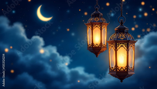 Wallpaper Mural 3d glow arabic lentern with moon and night sky eid mubarak, with copy space Torontodigital.ca
