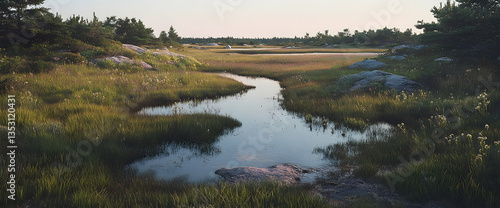 Serene sunset marsh, tranquil creek, distant trees, nature scene, postcard