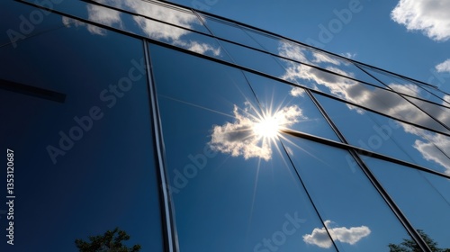 Modern building facade with reflective glass, showcasing sunlight and clouds
