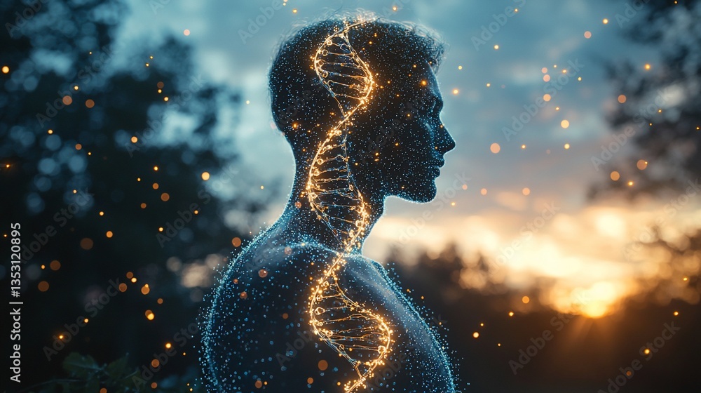 Glowing DNA helix inside a man's silhouette at sunset.