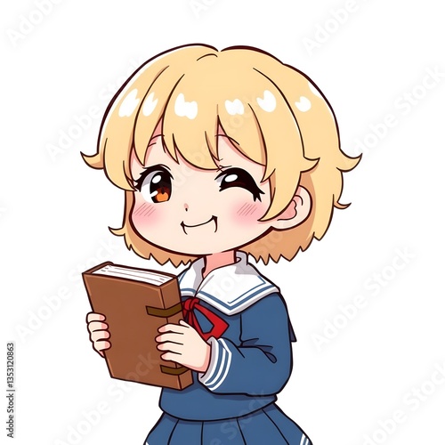 Title: cute chibi school kids.adorable school children illustration. cartoon students reading books.happy children in school uniform.education cartoon